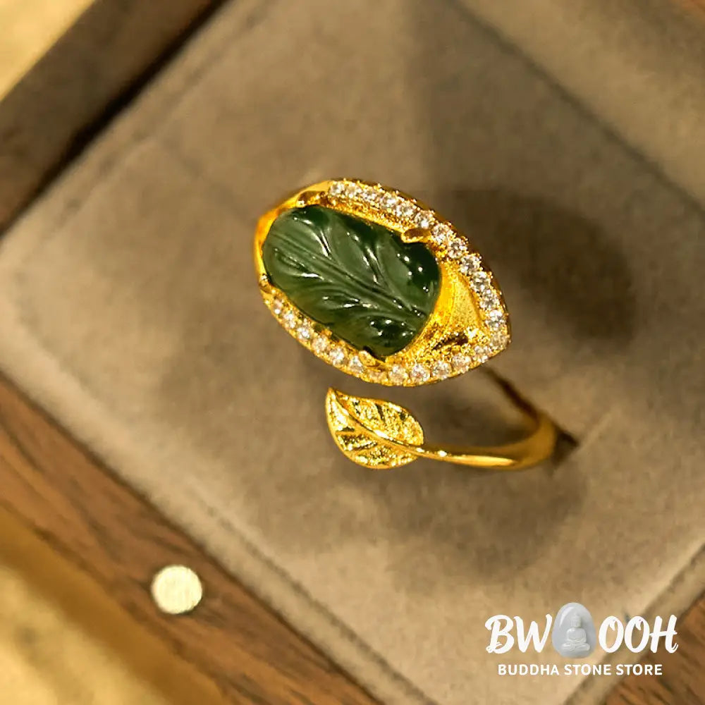 Buddha Stones Copper Plated Gold Natural Jade Leaf Prosperity Adjustable Ring - Jade(Inner Circumference: 58-62mm)