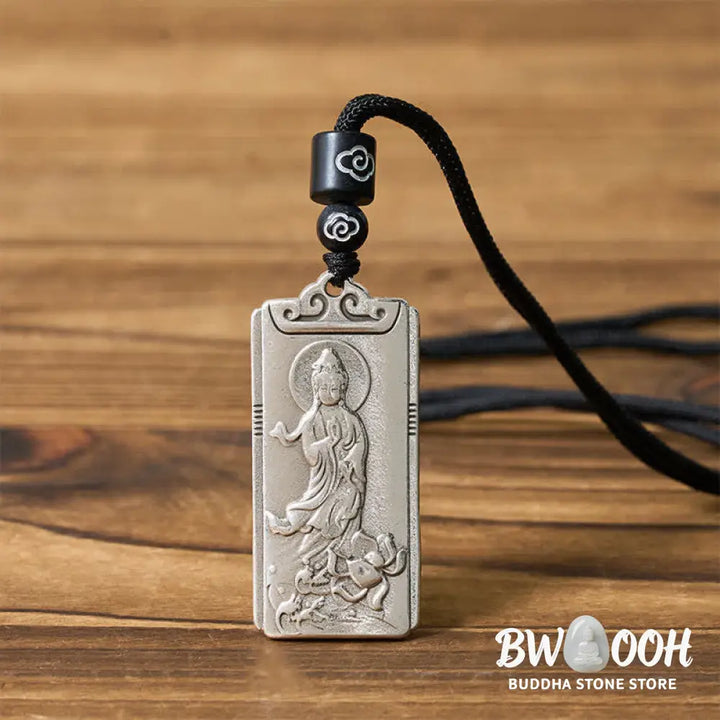 Buddha Stones Copper Plated With Silver Avalokiteśvara Rope Wealth Necklace Pendant - BWOOOH - Avalokiteśvara