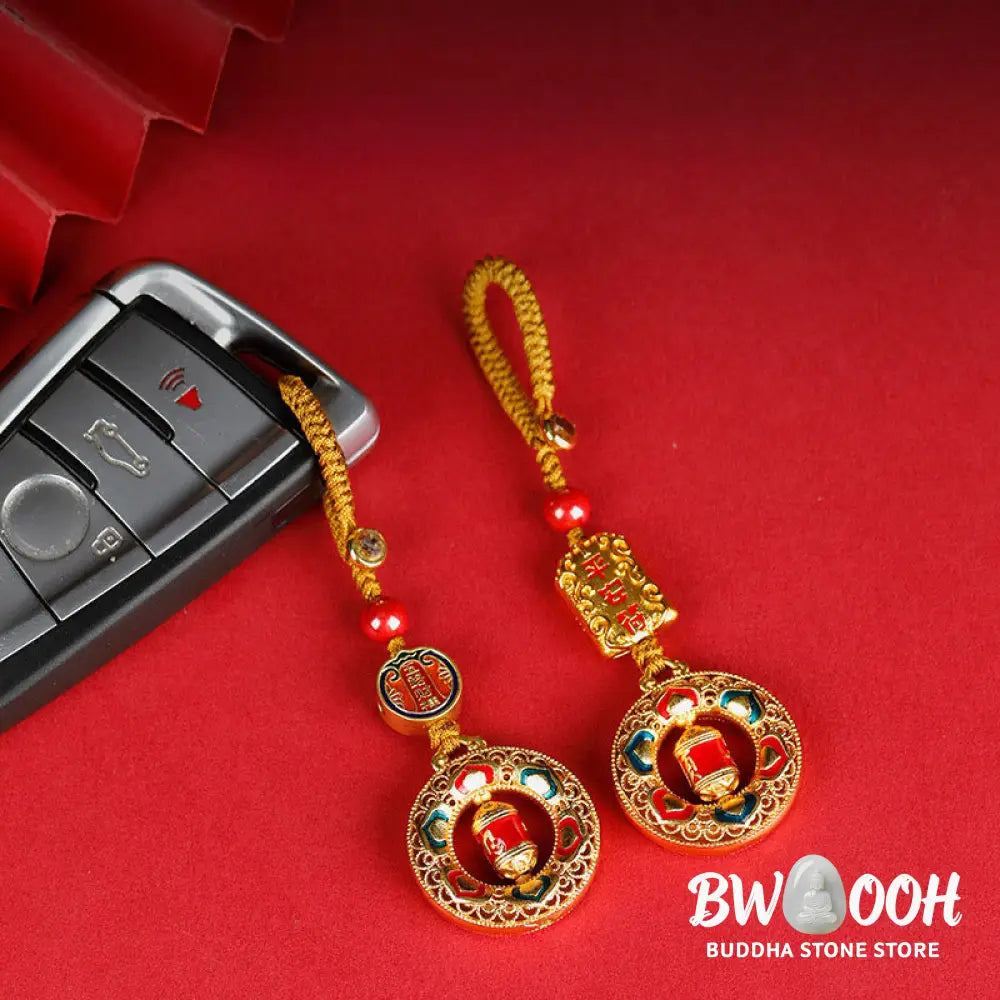 Buddha Stones Copper Prayer Wheel Five Directions Gods Of Wealth Balance Rotatable Key Chain - Key Chain