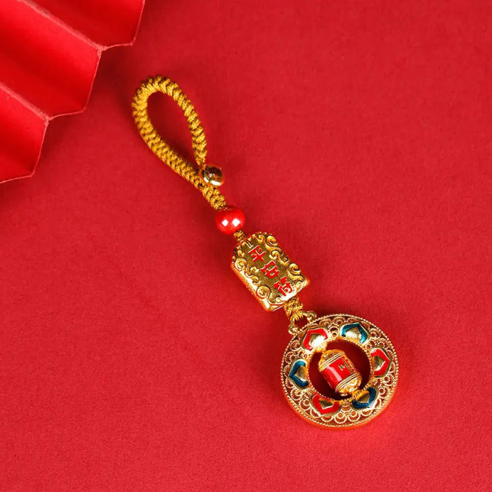 Buddha Stones Copper Prayer Wheel Five Directions Gods Of Wealth Balance Rotatable Key Chain - Peace Talisman / Button