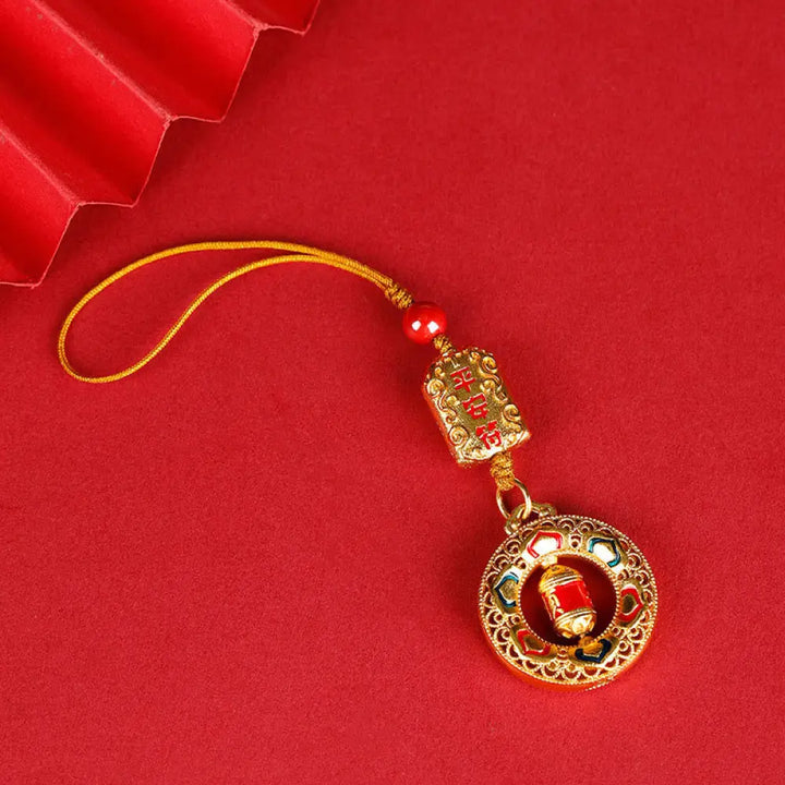 Buddha Stones Copper Prayer Wheel Five Directions Gods Of Wealth Balance Rotatable Key Chain - Peace Talisman / Regular