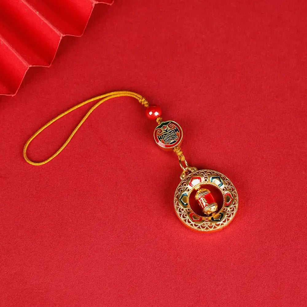 Buddha Stones Copper Prayer Wheel Five Directions Gods Of Wealth Balance Rotatable Key Chain - Five Directions Gods of