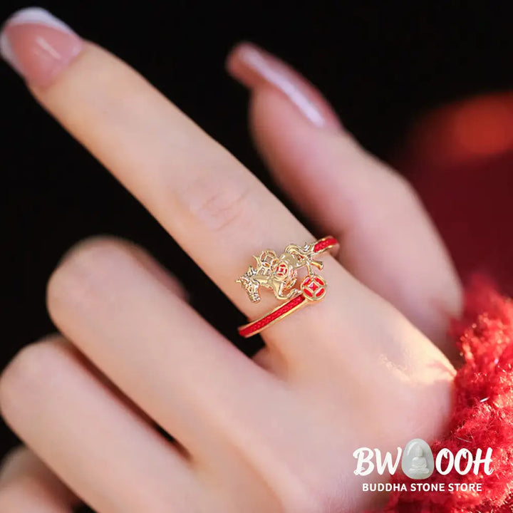 Buddha Stones Copper Red String Copper Coins Year Of The Horse Opening Balance Ring - Copper Horse(Inner Diameter: