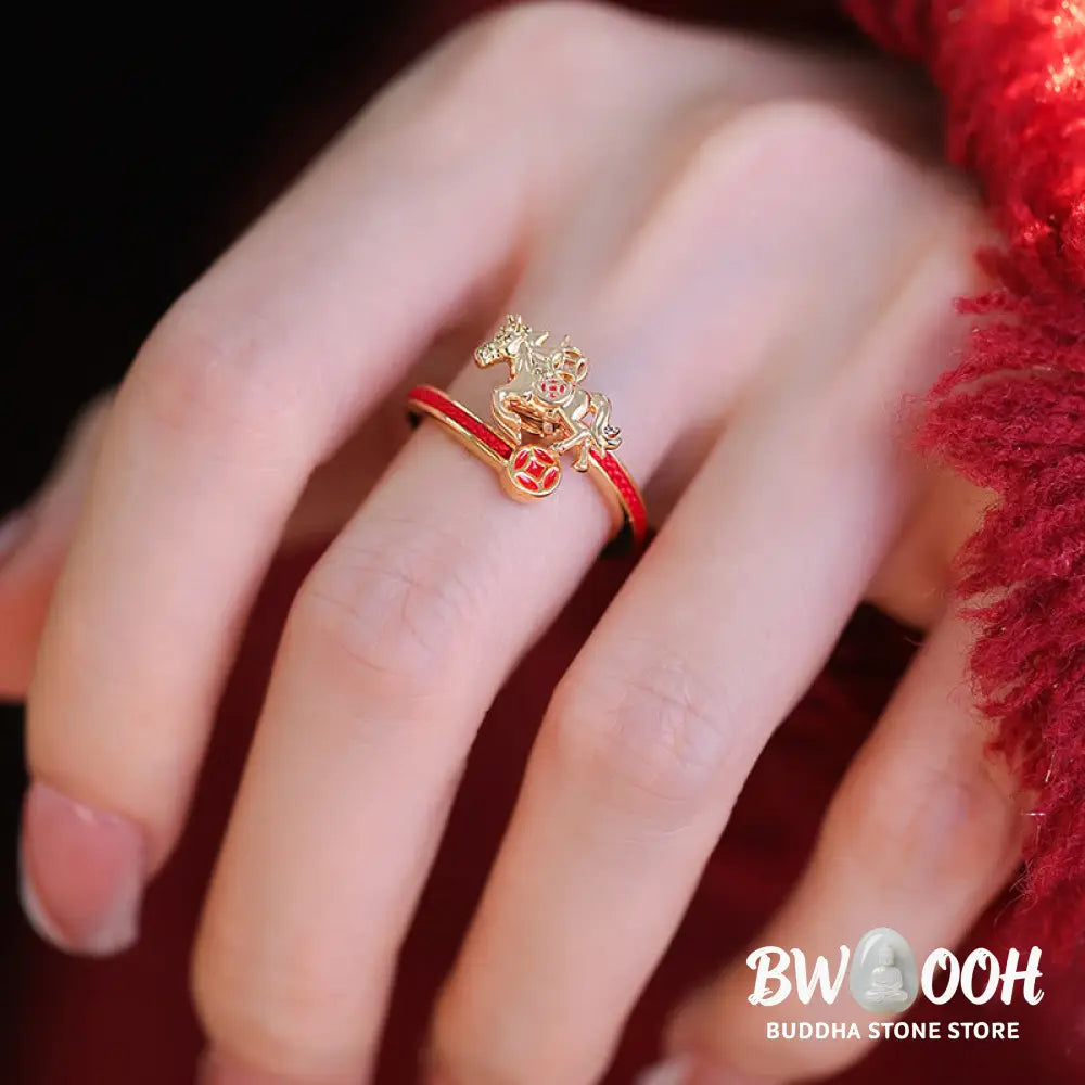 Buddha Stones Copper Red String Copper Coins Year Of The Horse Opening Balance Ring - Copper Horse(Inner Diameter: