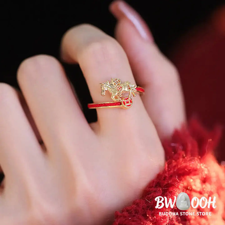 Buddha Stones Copper Red String Copper Coins Year Of The Horse Opening Balance Ring - Copper Horse(Inner Diameter: