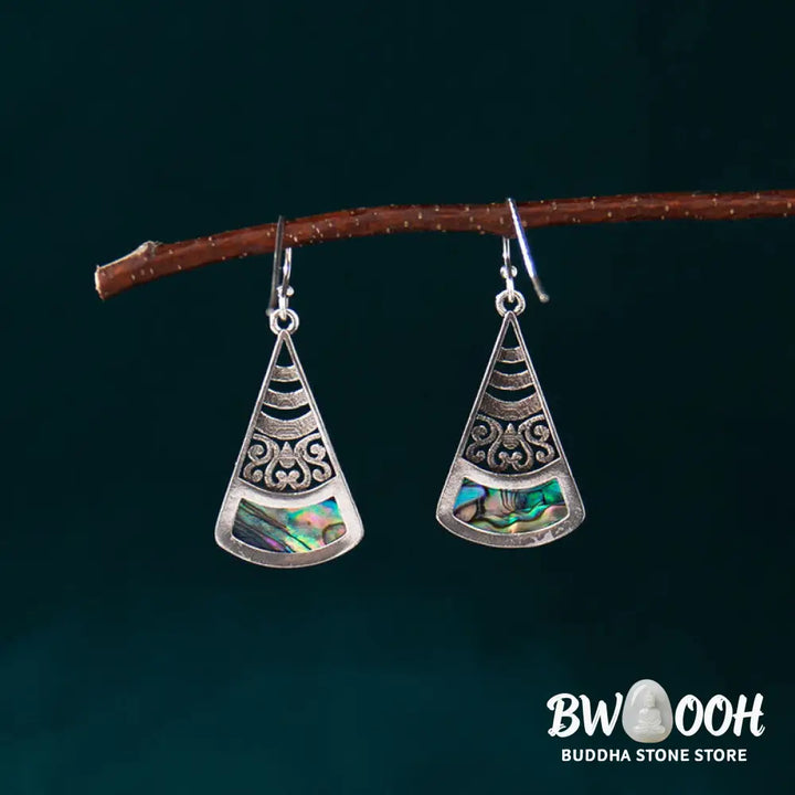 Buddha Stones Copper Tridacna Stone Hollow Pattern Blessing Drop Earrings - Tridacna Stone Hollow Pattern