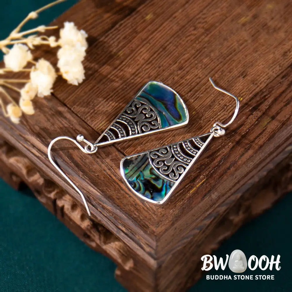 Buddha Stones Copper Tridacna Stone Hollow Pattern Blessing Drop Earrings - Tridacna Stone Hollow Pattern