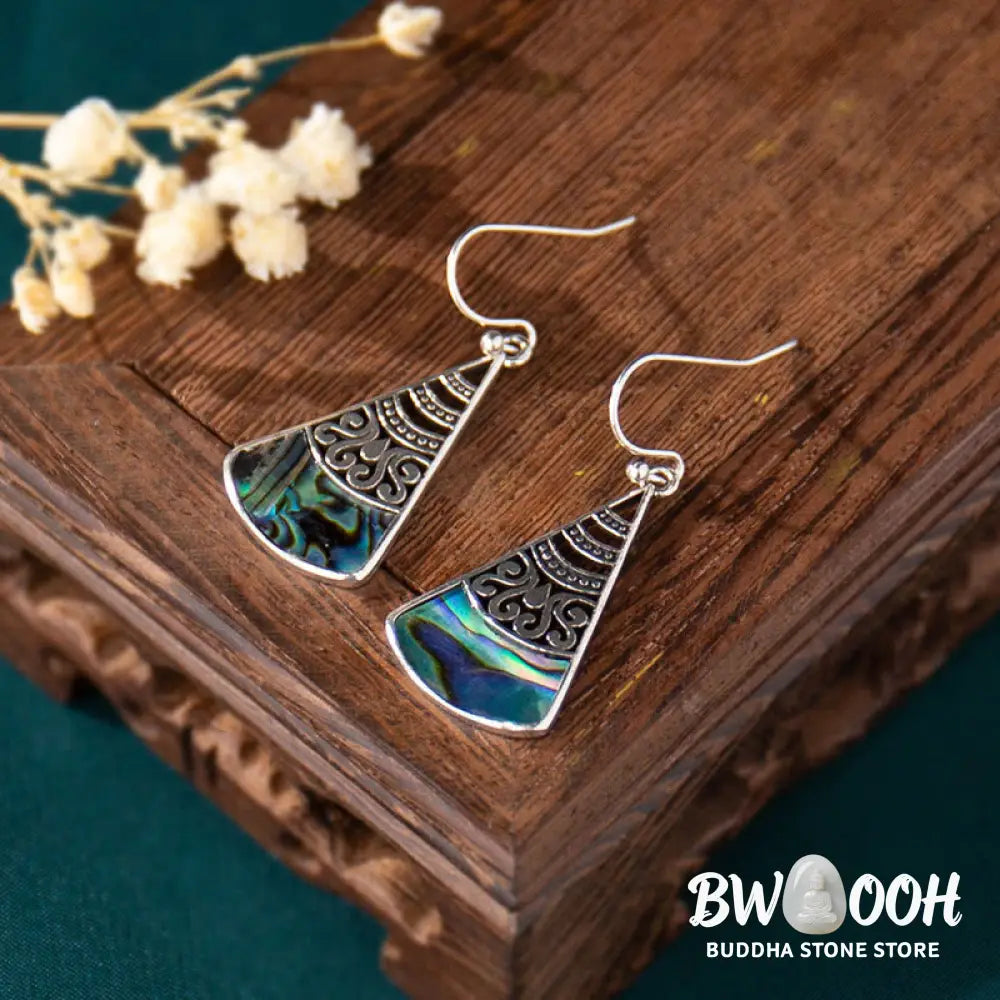 Buddha Stones Copper Tridacna Stone Hollow Pattern Blessing Drop Earrings - Tridacna Stone Hollow Pattern