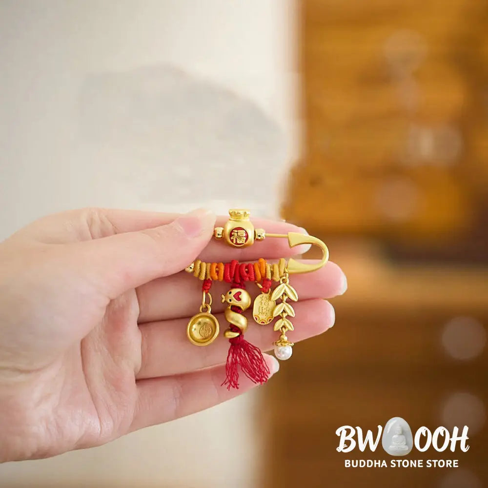 Buddha Stones Copper Year Of The Snake Tassels String Spike Fu Bowl Lucky Fortune Bag Brooch - Copper Alloy Snake Fu