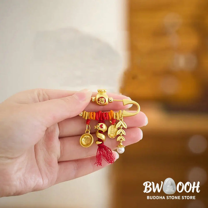 Buddha Stones Copper Year Of The Snake Tassels String Spike Fu Bowl Lucky Fortune Bag Brooch - Copper Alloy Snake Fu