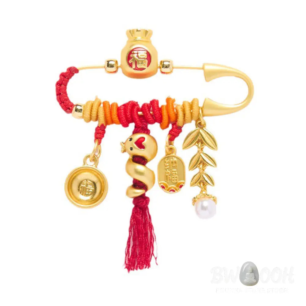 Buddha Stones Copper Year Of The Snake Tassels String Spike Fu Bowl Lucky Fortune Bag Brooch - Copper Alloy Snake Fu