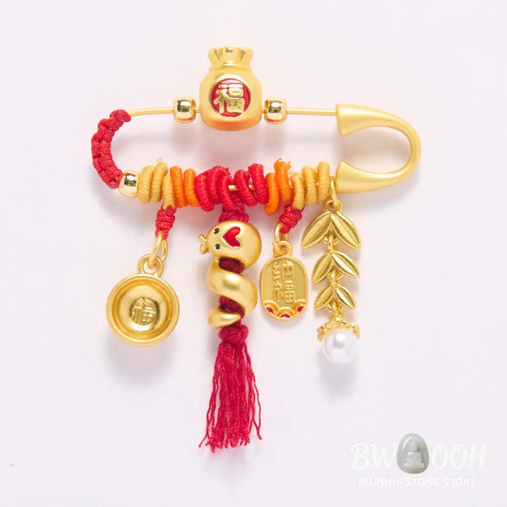 Buddha Stones Copper Year Of The Snake Tassels String Spike Fu Bowl Lucky Fortune Bag Brooch - Copper Alloy Snake Fu