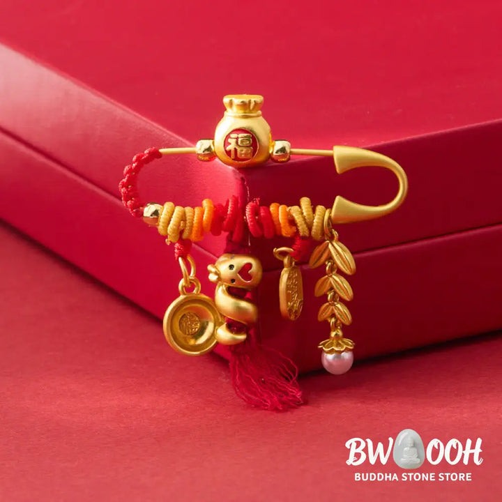 Buddha Stones Copper Year Of The Snake Tassels String Spike Fu Bowl Lucky Fortune Bag Brooch - Copper Alloy Snake Fu