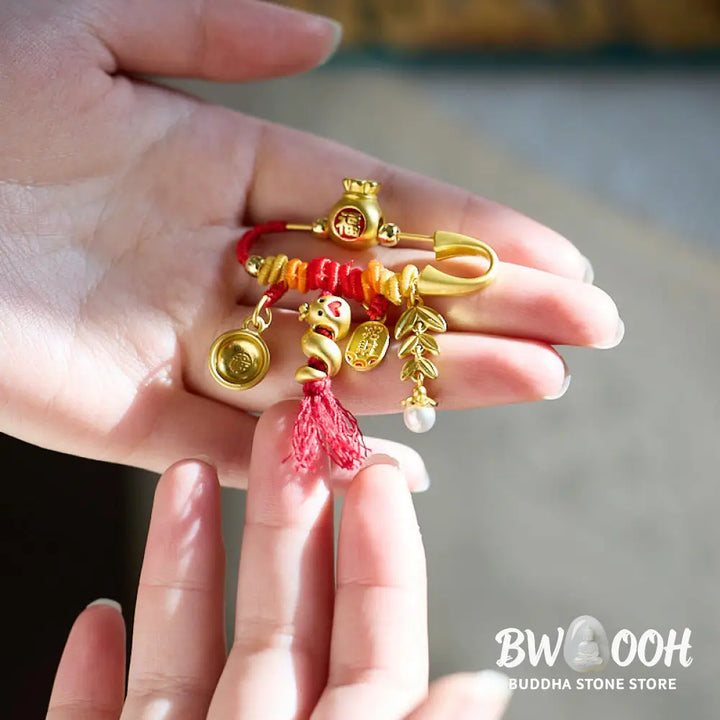 Buddha Stones Copper Year Of The Snake Tassels String Spike Fu Bowl Lucky Fortune Bag Brooch - Copper Alloy Snake Fu