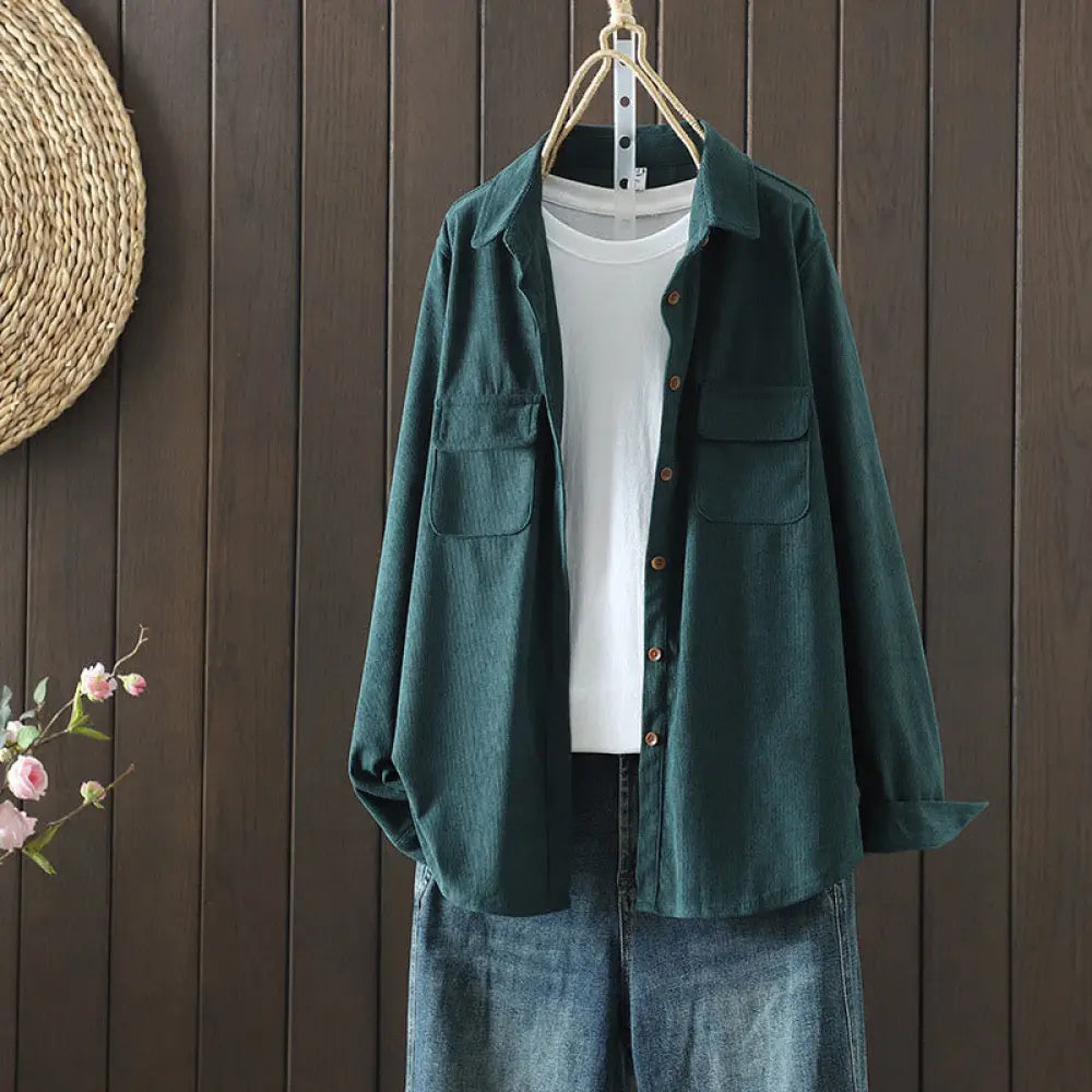 Buddha Stones Corduroy Women’s Cotton Long Sleeve Jacket With Pockets - DarkSlateGray / US4，UK/AU8，EU36 (L) - Women’s