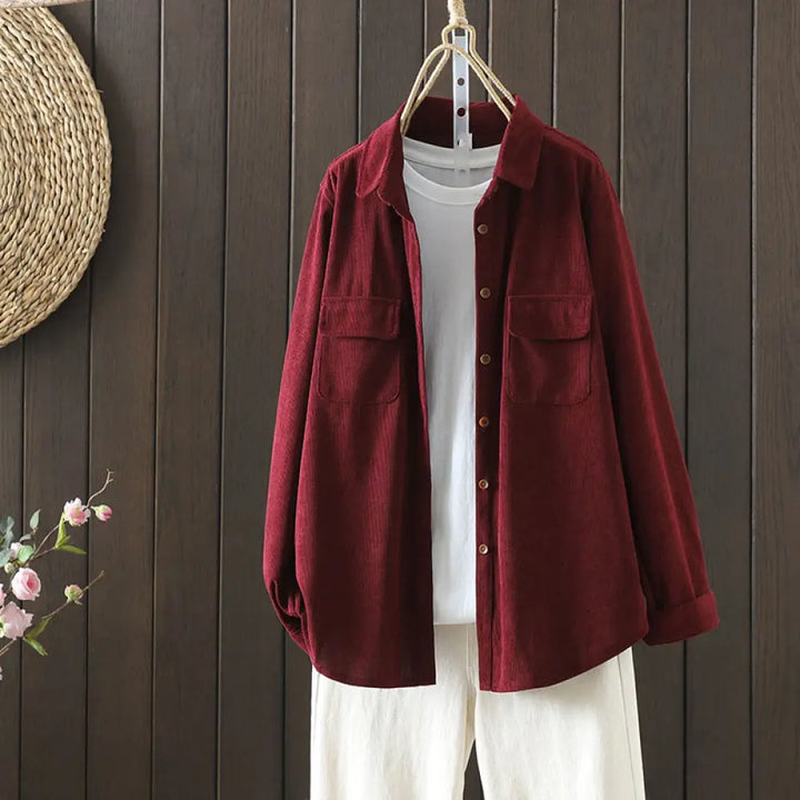 Buddha Stones Corduroy Women’s Cotton Long Sleeve Jacket With Pockets - FireBrick / US4，UK/AU8，EU36 (L) - Women’s Jacket