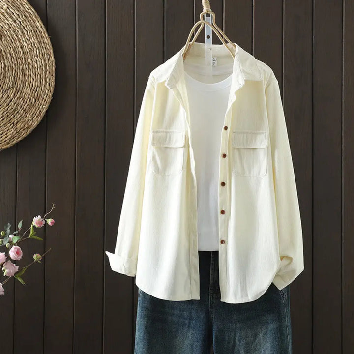 Buddha Stones Corduroy Women’s Cotton Long Sleeve Jacket With Pockets - LightYellow / US4，UK/AU8，EU36 (L) - Women’s