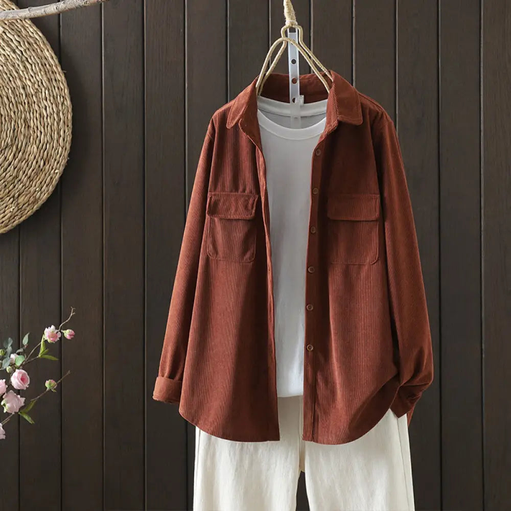 Buddha Stones Corduroy Women’s Cotton Long Sleeve Jacket With Pockets - Sienna / US4，UK/AU8，EU36 (L) - Women’s Jacket