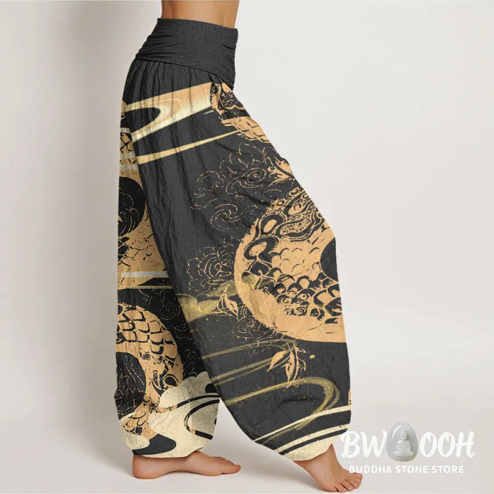 Buddha Stones Cotton Auspicious Clouds With Snake Pattern Women’s Elastic Waist Harem Pants - Women’s Harem Pants