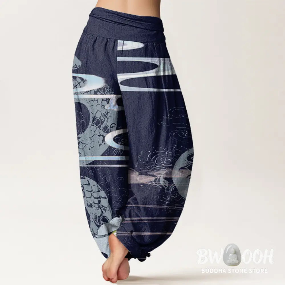 Buddha Stones Cotton Auspicious Clouds With Snake Pattern Women’s Elastic Waist Harem Pants - Women’s Harem Pants