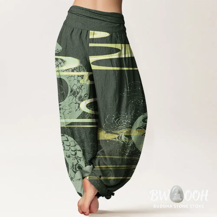 Buddha Stones Cotton Auspicious Clouds With Snake Pattern Women’s Elastic Waist Harem Pants - Women’s Harem Pants