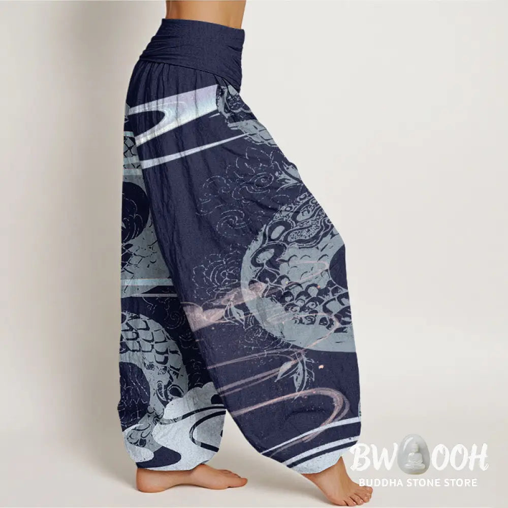 Buddha Stones Cotton Auspicious Clouds With Snake Pattern Women’s Elastic Waist Harem Pants - Women’s Harem Pants