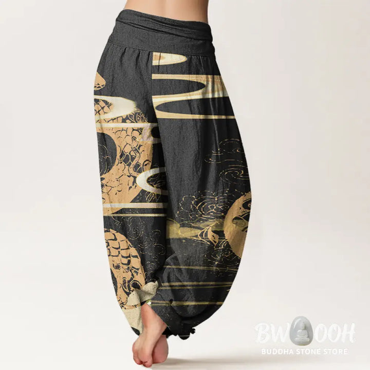 Buddha Stones Cotton Auspicious Clouds With Snake Pattern Women’s Elastic Waist Harem Pants - Women’s Harem Pants