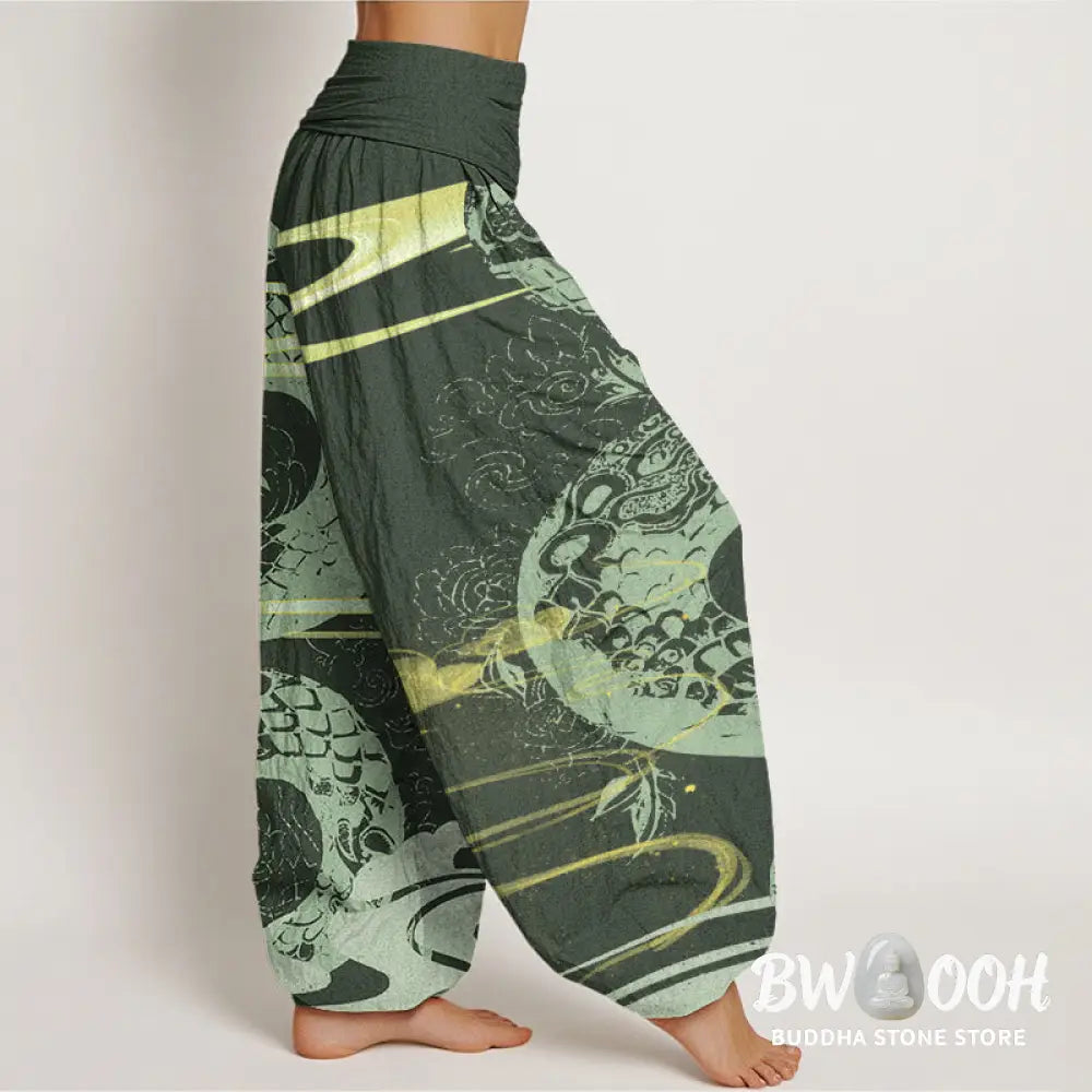 Buddha Stones Cotton Auspicious Clouds With Snake Pattern Women’s Elastic Waist Harem Pants - Women’s Harem Pants