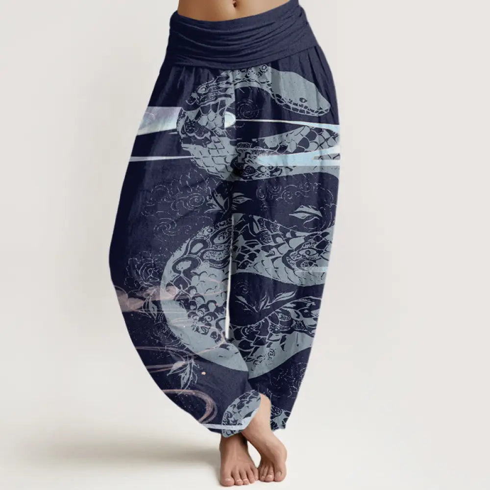 Buddha Stones Cotton Auspicious Clouds With Snake Pattern Women’s Elastic Waist Harem Pants - DarkBlue