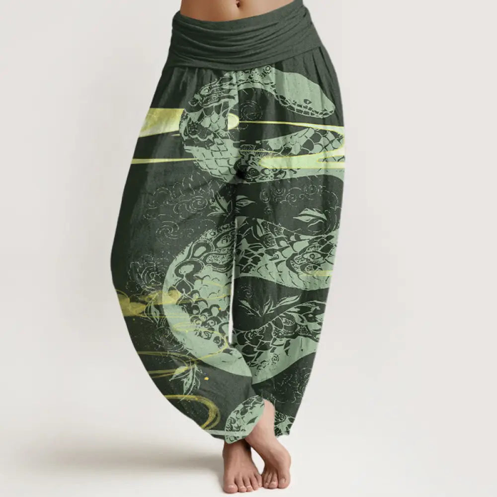 Buddha Stones Cotton Auspicious Clouds With Snake Pattern Women’s Elastic Waist Harem Pants - ForestGreen
