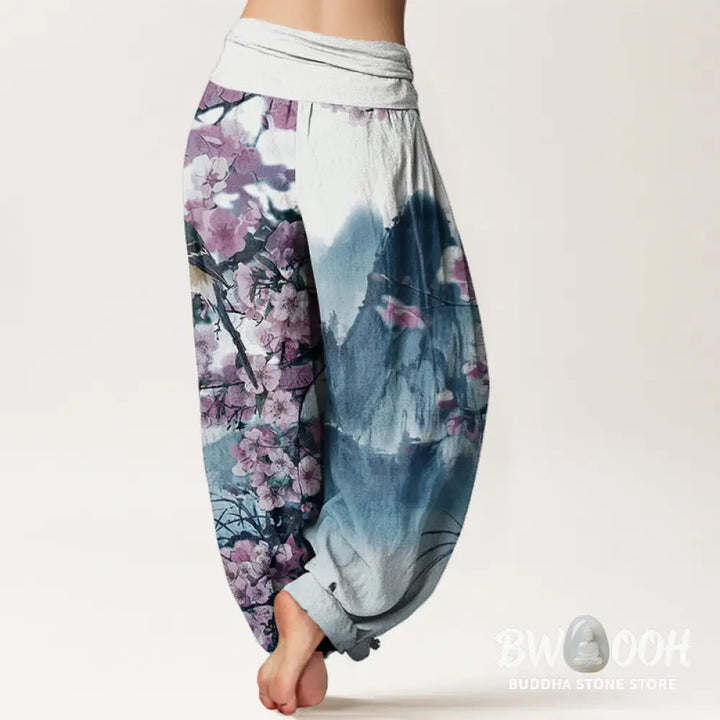 Buddha Stones Cotton Bird Cherry Blossom Mountains Pattern Women’s Elastic Waist Harem Pants - Women’s Harem Pants
