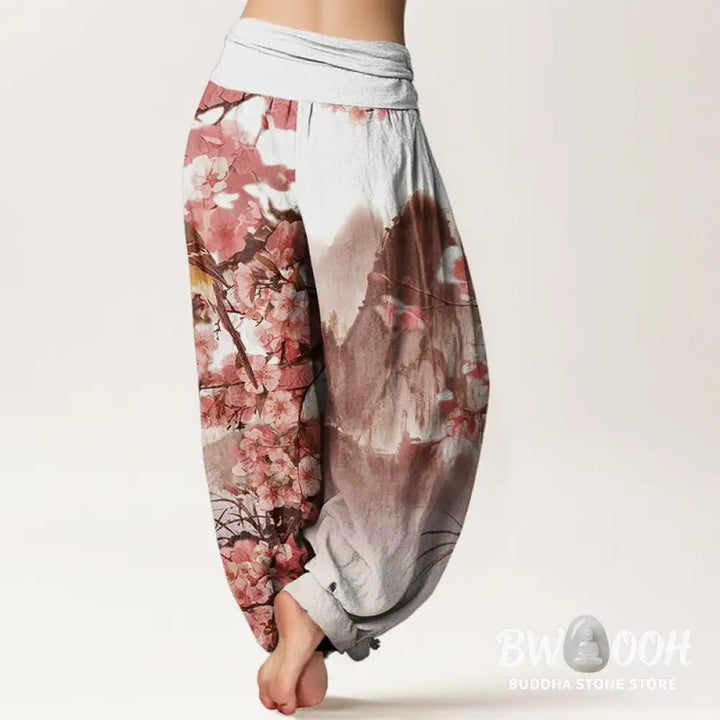 Buddha Stones Cotton Bird Cherry Blossom Mountains Pattern Women’s Elastic Waist Harem Pants - Women’s Harem Pants