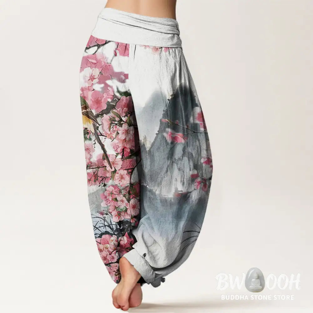 Buddha Stones Cotton Bird Cherry Blossom Mountains Pattern Women’s Elastic Waist Harem Pants - Women’s Harem Pants