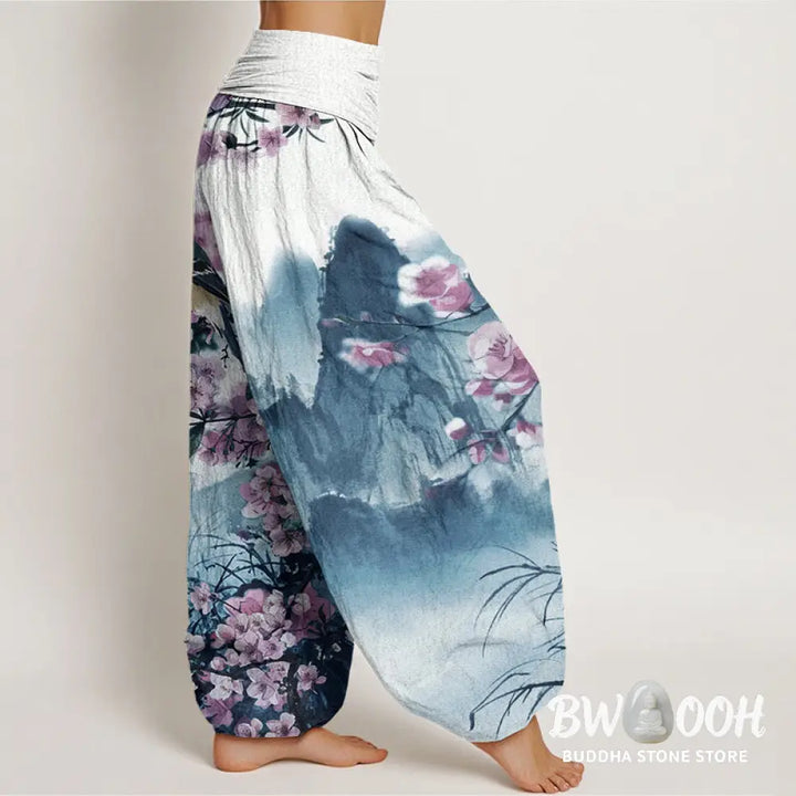 Buddha Stones Cotton Bird Cherry Blossom Mountains Pattern Women’s Elastic Waist Harem Pants - Women’s Harem Pants