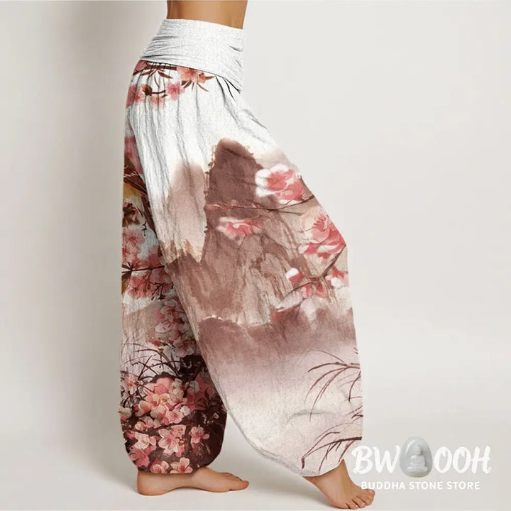 Buddha Stones Cotton Bird Cherry Blossom Mountains Pattern Women’s Elastic Waist Harem Pants - Women’s Harem Pants