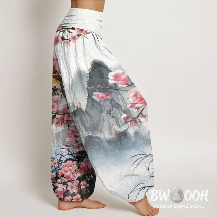 Buddha Stones Cotton Bird Cherry Blossom Mountains Pattern Women’s Elastic Waist Harem Pants - Women’s Harem Pants