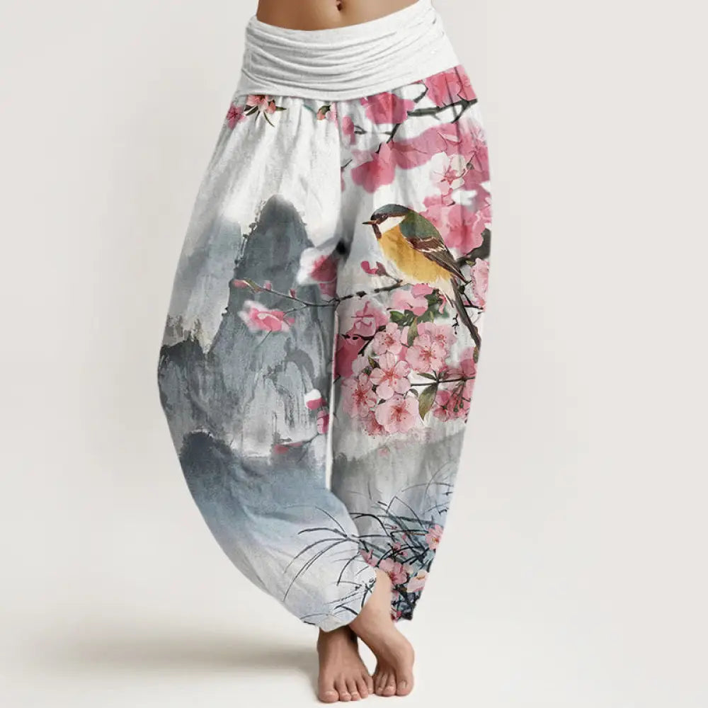 BWOOOH printed harem pants - Cotton Bird Cherry Blossom Mountains Pat
