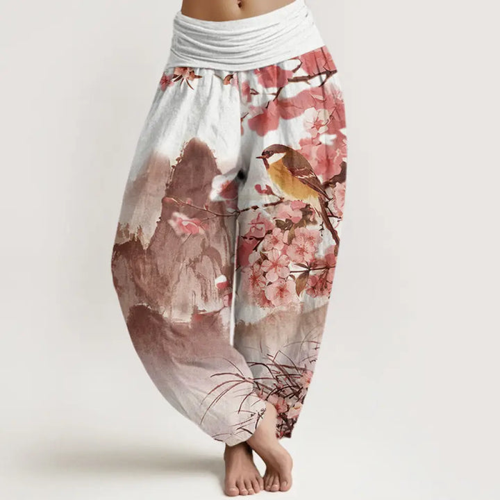 Buddha Stones Cotton Bird Cherry Blossom Mountains Pattern Women’s Elastic Waist Harem Pants - LightCoral