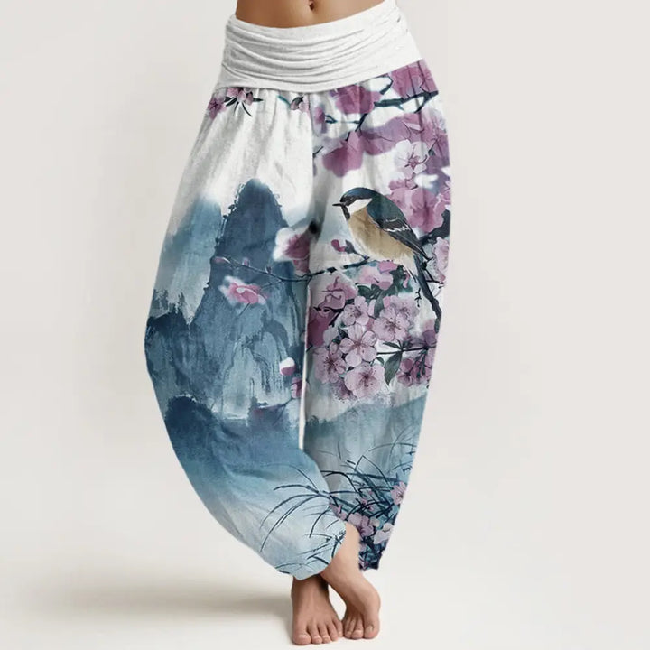 Buddha Stones Cotton Bird Cherry Blossom Mountains Pattern Women’s Elastic Waist Harem Pants - MediumBlue