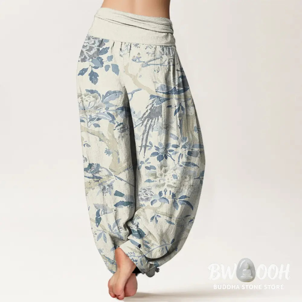 Buddha Stones Cotton Birds Branches Flowers Pattern Women's Elastic Waist Harem Pants - Women's Harem Pants