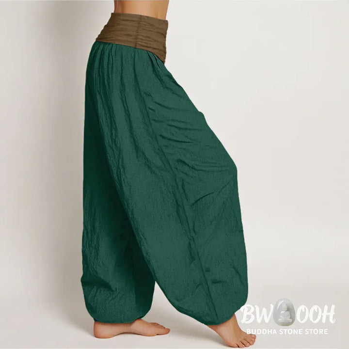 Buddha Stones Cotton Black Green Tan Solid Color Women’s Elastic Waist Harem Pants - Women’s Harem Pants