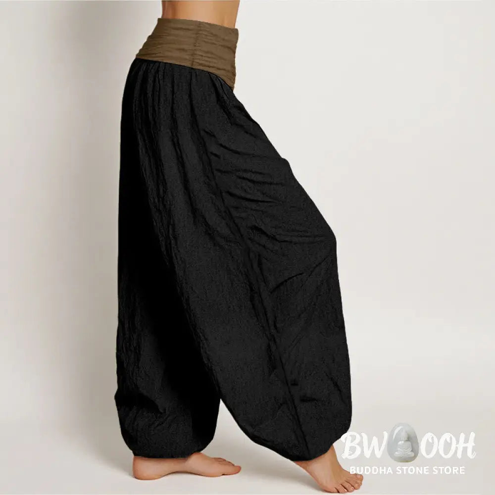 Buddha Stones Cotton Black Green Tan Solid Color Women’s Elastic Waist Harem Pants - Women’s Harem Pants