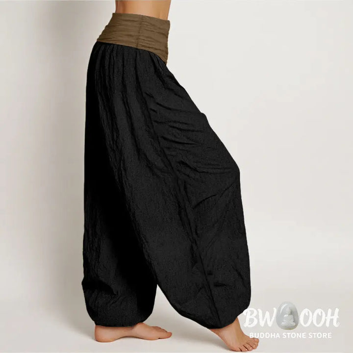 Buddha Stones Cotton Black Green Tan Solid Color Women’s Elastic Waist Harem Pants - Women’s Harem Pants