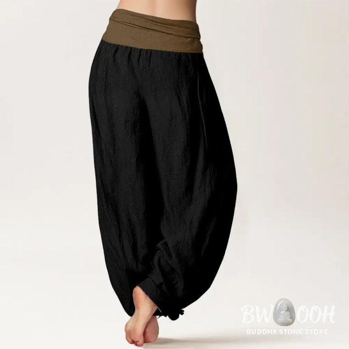 Buddha Stones Cotton Black Green Tan Solid Color Women’s Elastic Waist Harem Pants - Women’s Harem Pants
