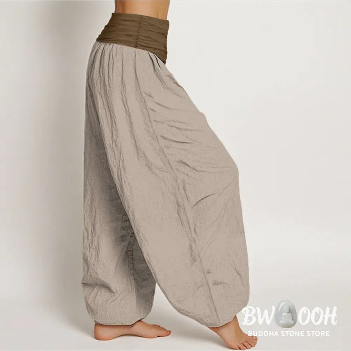 Buddha Stones Cotton Black Green Tan Solid Color Women’s Elastic Waist Harem Pants - Women’s Harem Pants
