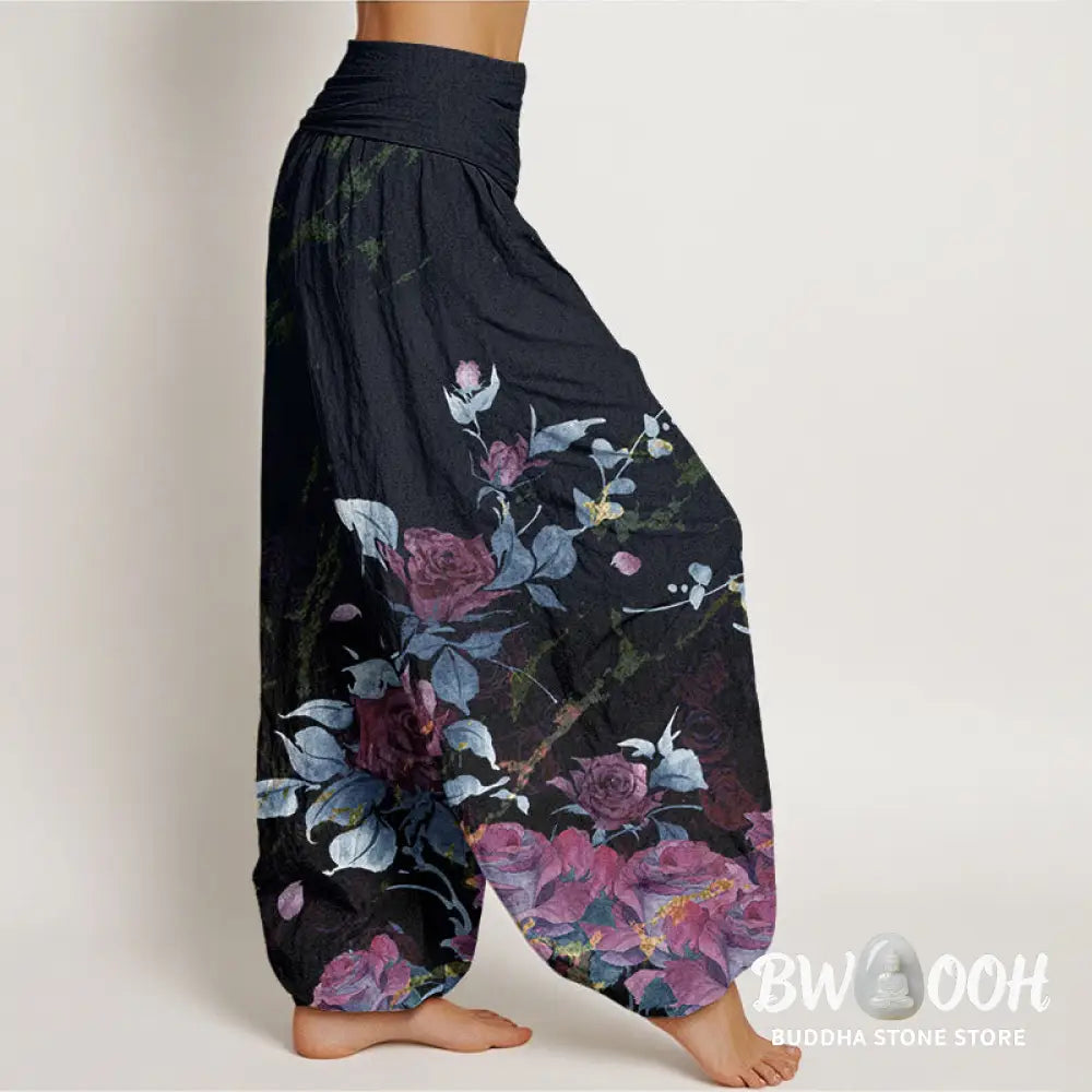 Buddha Stones Cotton Blooming Roses Pattern Women’s Elastic Waist Harem Pants - Women’s Harem Pants