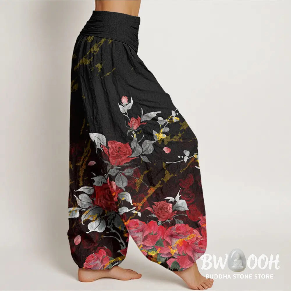 Buddha Stones Cotton Blooming Roses Pattern Women’s Elastic Waist Harem Pants - Women’s Harem Pants