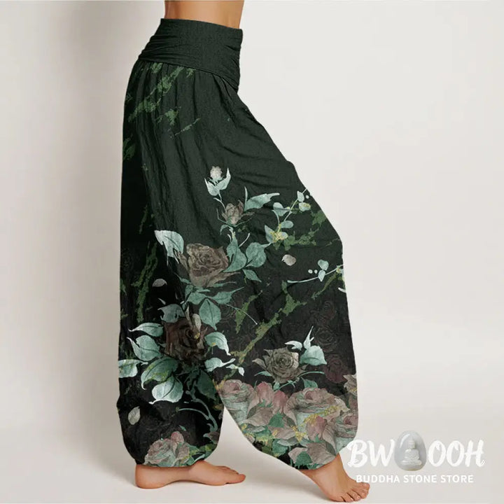 Buddha Stones Cotton Blooming Roses Pattern Women’s Elastic Waist Harem Pants - Women’s Harem Pants