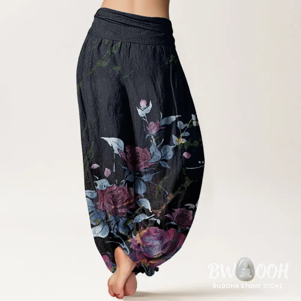 Buddha Stones Cotton Blooming Roses Pattern Women’s Elastic Waist Harem Pants - Women’s Harem Pants
