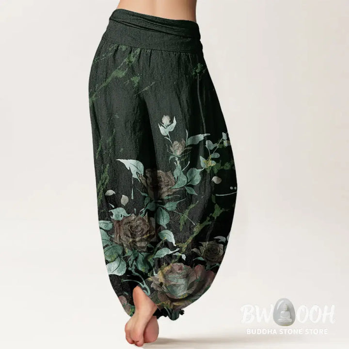 Buddha Stones Cotton Blooming Roses Pattern Women’s Elastic Waist Harem Pants - Women’s Harem Pants
